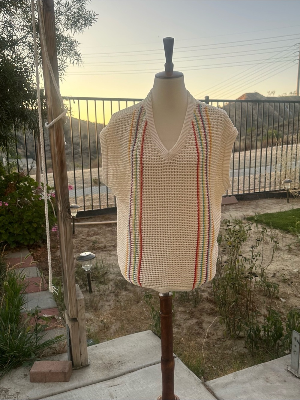 PRIDE Crochet Knit Vest in Cream with Rainbow Stitching